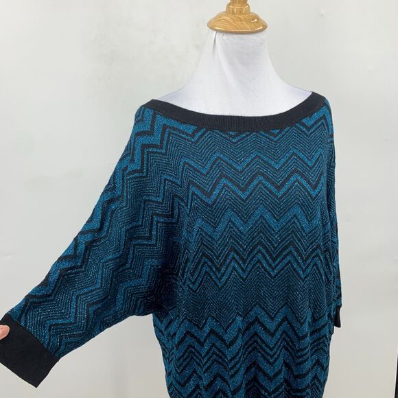 Express Sweater Women L Blue Black Chevron Knit Boat Neck Dolman Sleeve Pullover - Picture 4 of 12